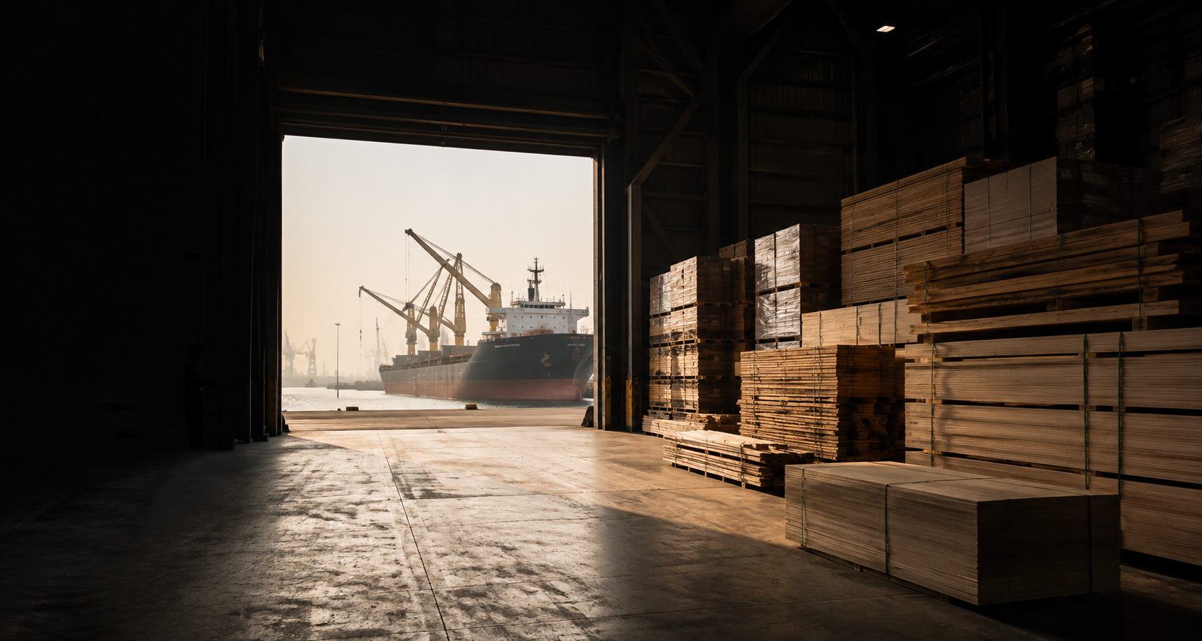 Warehouse with stacked timber, plywood, and a forklift